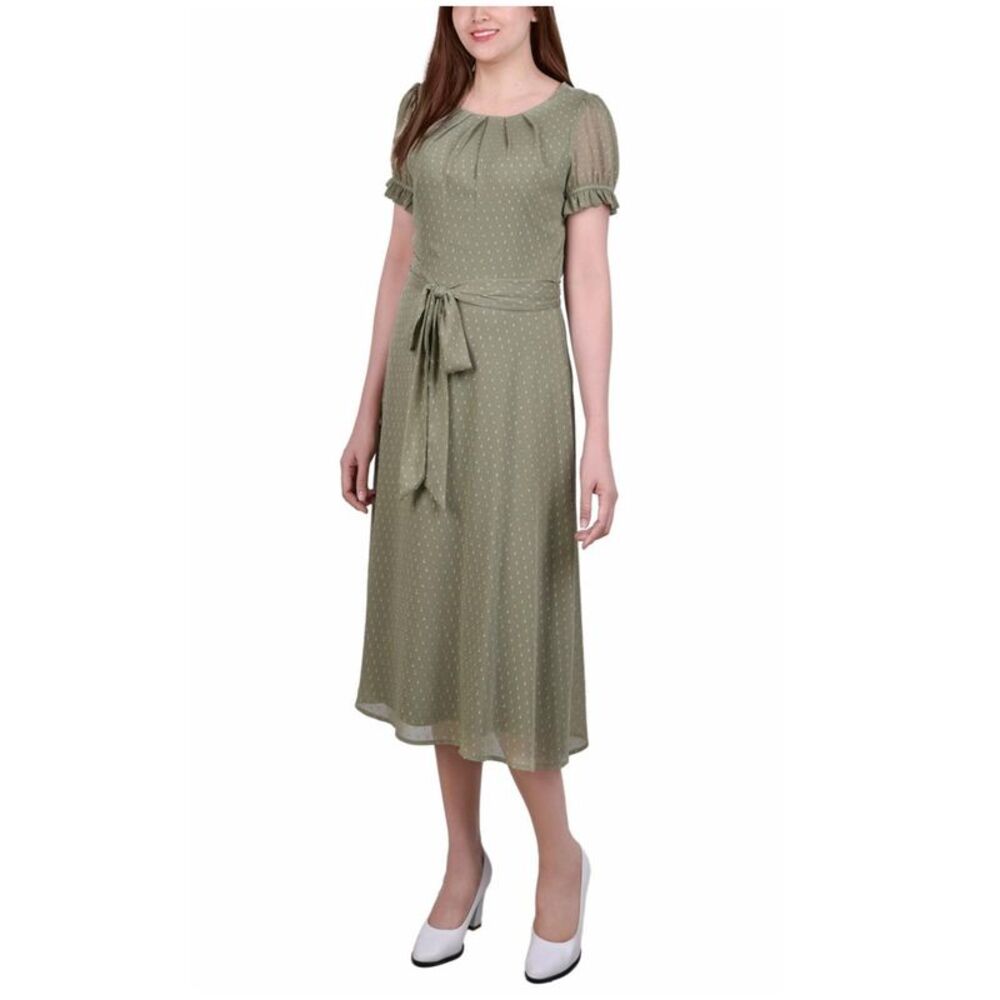 NY Collection Womens Swiss Dot Pin Tuck Midi Dress, Green, Petite, PL, DM